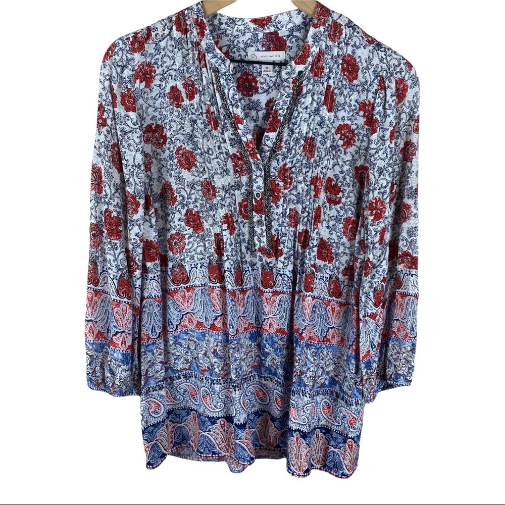 Dressbarn Floral Beaded Embellished Henley Top Rayon Blouse Medium Red White
